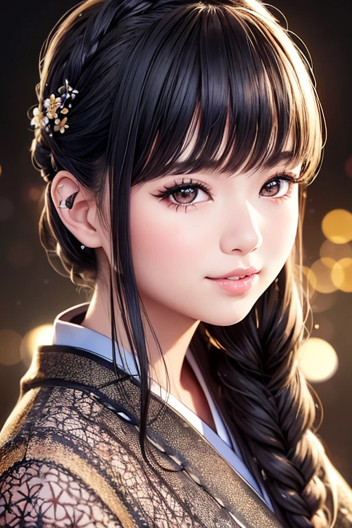 photo realistic bokeh portrait of a beautiful 18-year-old Japanese girl, hair in french braid, wearing a black textured kimono with floral elements, searing look, big eyes, gorgeous lips, kissy face, smile, clear skin, rim lighting, studio