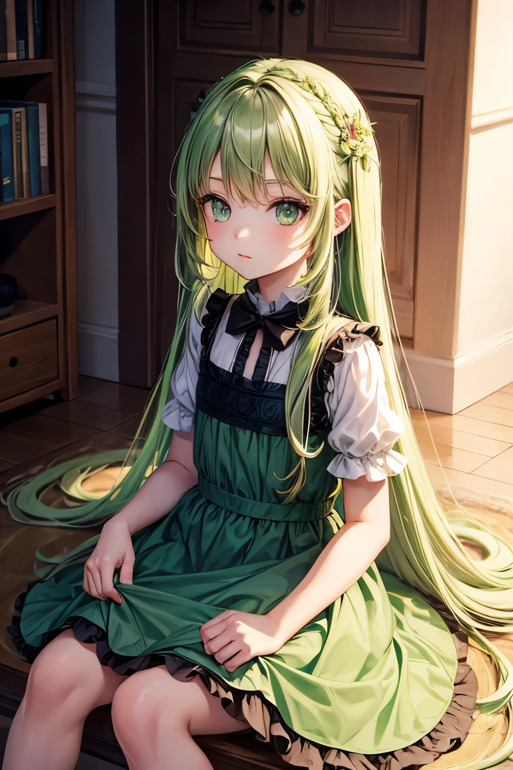 Long green hair，green eyes，loli，little girl，dress