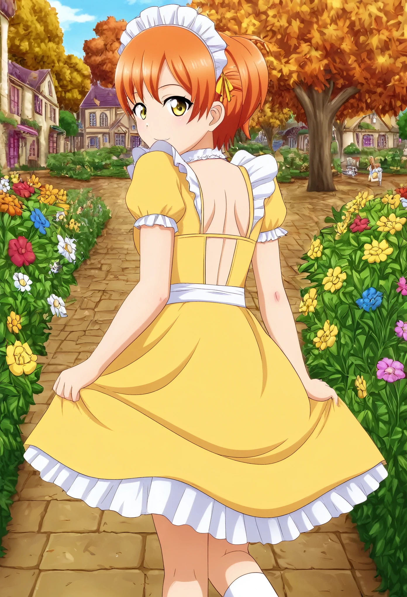 Masterpiece, best quality, from behind,Hoshizora rin, yellow eyes, orange hair, maid headdress, yellow sundress, yellow dress, from behind, looking at viewer, village, autumn, flowers, garden