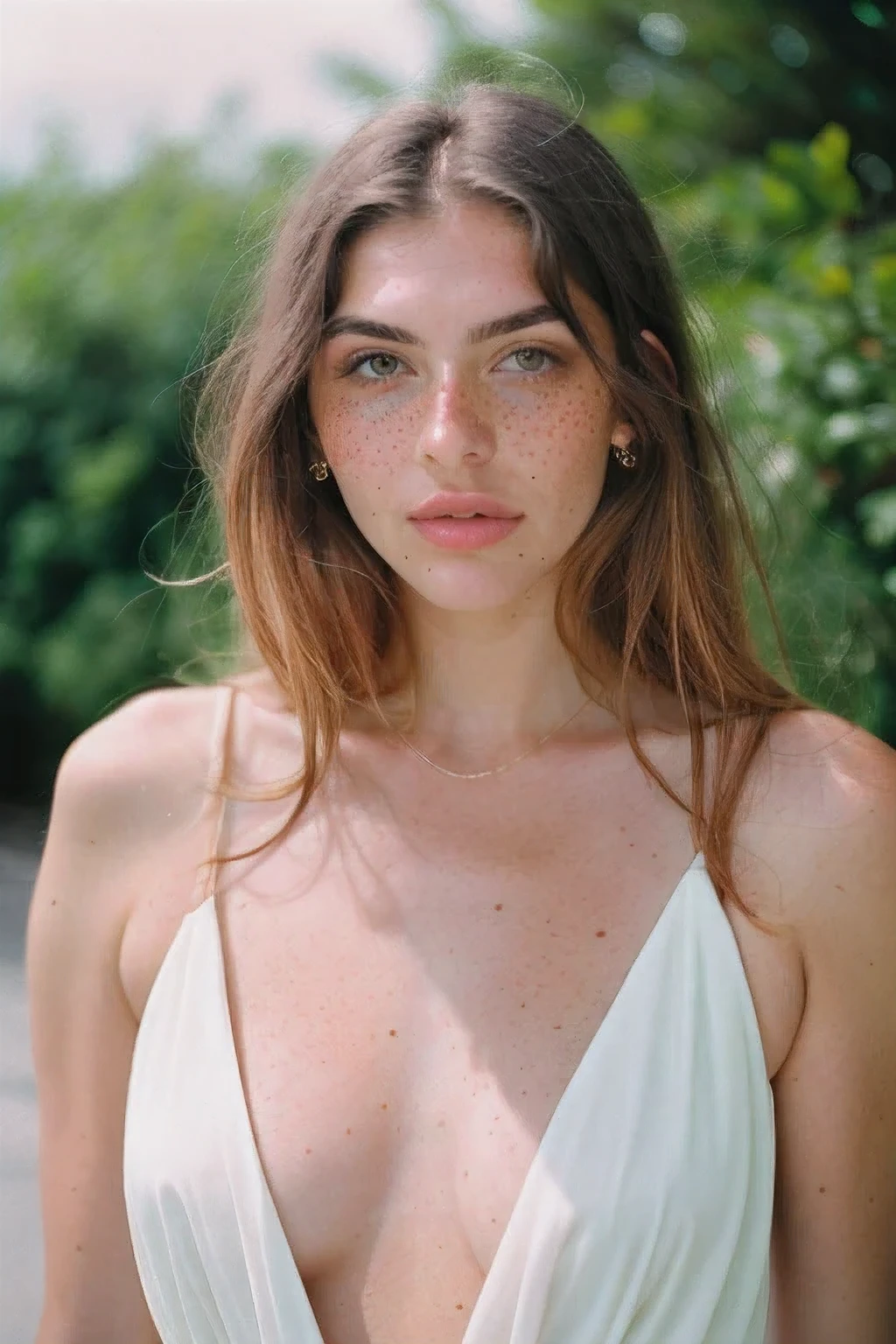 Stunning woman with freckles, Portra 400 film photo, analog inspiration