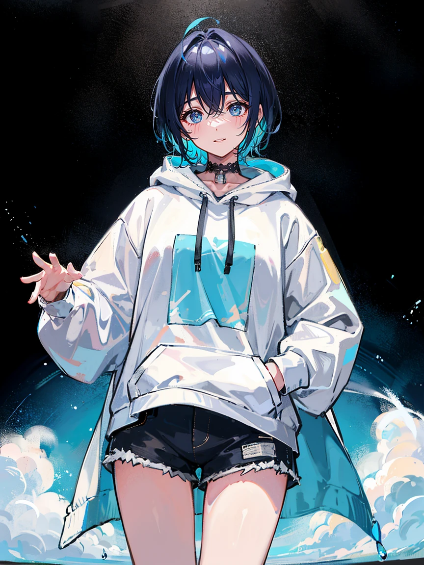 8K resolution、((premium))、((masterpiece))、((Ultra-detailed))、1 female、alone、Unbelievably absurd、Oversized hoodie、Headphones、street、Free area、rain、neon、Short Haircut、Brightly colored eyes in your pocket、shorts、Dripping Water、