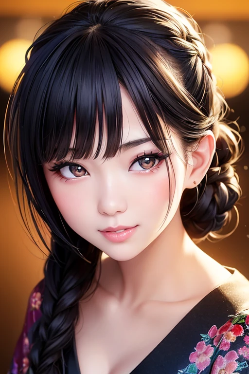photo realistic bokeh portrait of a beautiful 22-year-old Japanese girl, hair in french braid, wearing a black textured kimono with floral elements, searing look, big eyes, gorgeous lips, kissy face, smile, clear skin, rim lighting, studio