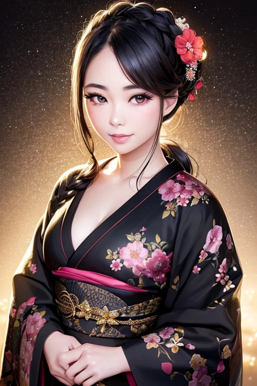 photo realistic bokeh portrait of a beautiful 22-year-old Japanese girl, hair in french braid, wearing a black textured kimono with floral elements, searing look, big eyes, gorgeous lips, kissy face, smile, clear skin, rim lighting, studio