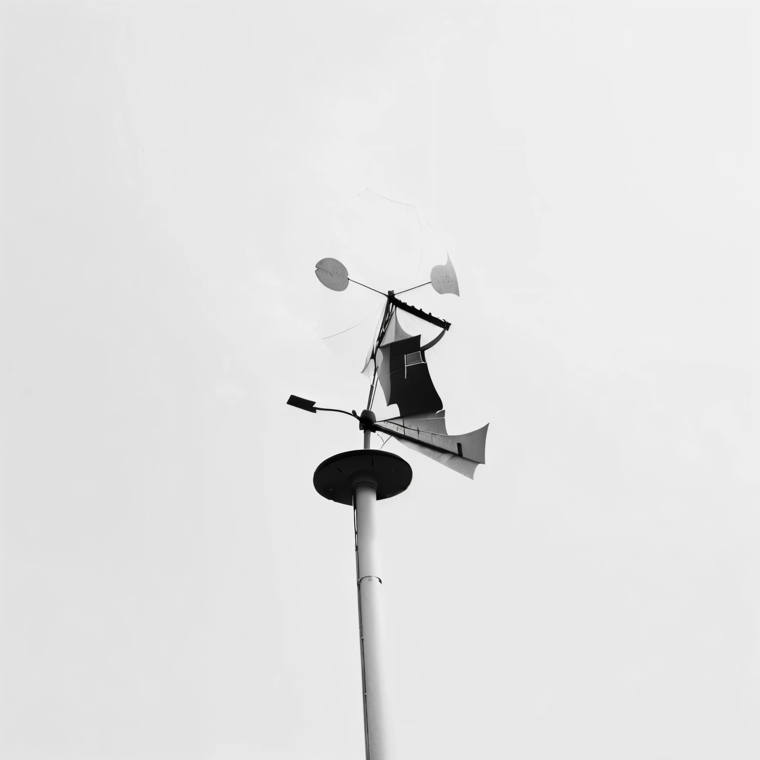there is a Black and white photo of a wind vane, Grayscale photography, gale, Windy weather, windy mood, Shot on Sony a 7, Minimalist photos, Wind Blow, Low Angle Photo, Black and white photo.ISO200, Black and white photo, gale天, Low Angle Photograph, Shot with iPhone 1 0