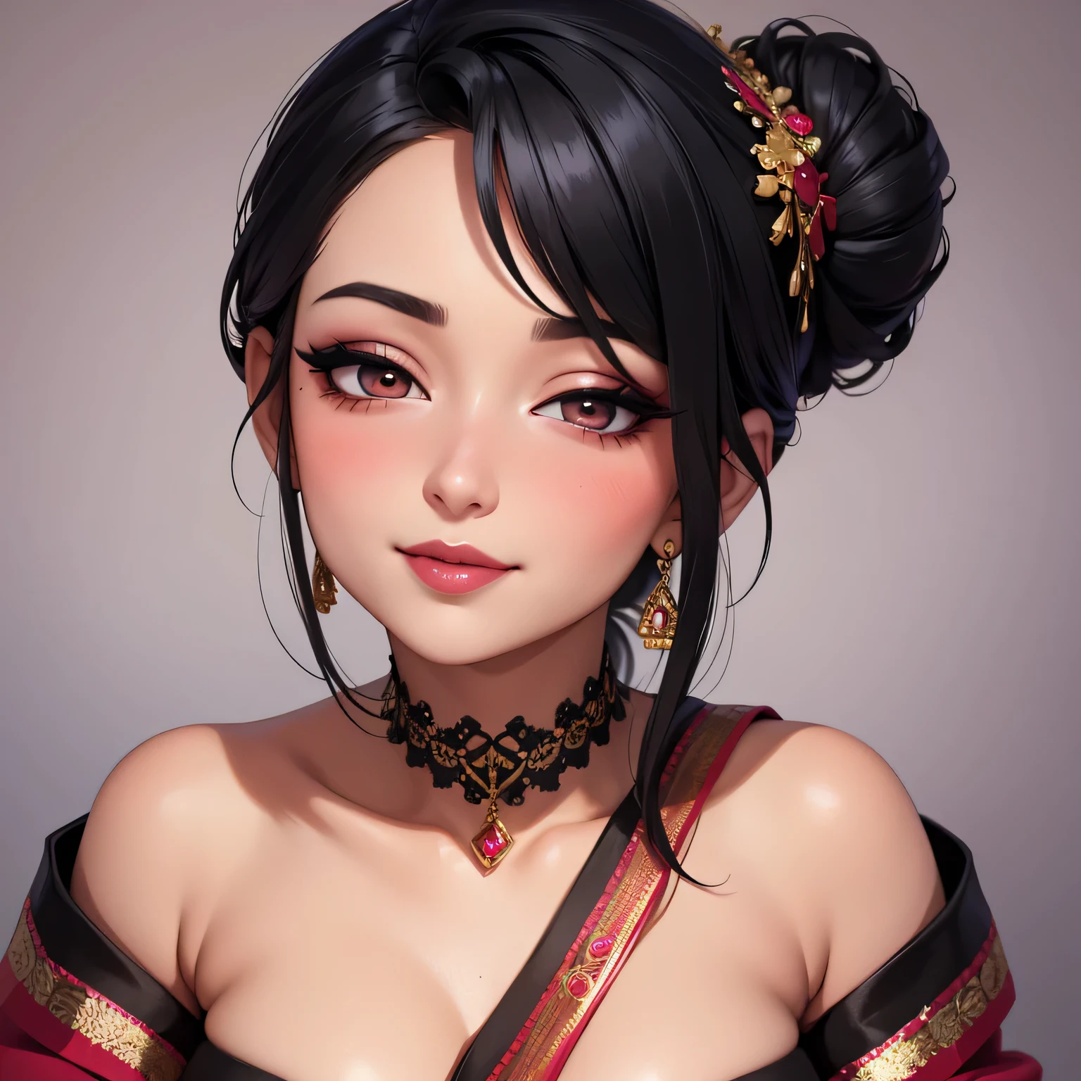 Amazing portrait of a sexy woman who is a MILF and your neighbour with her black hair in a bun with seductive eyes and she's blushing with a seductive smile wearing amazing makeup wearing a saree with a lustful look and a sultry pose