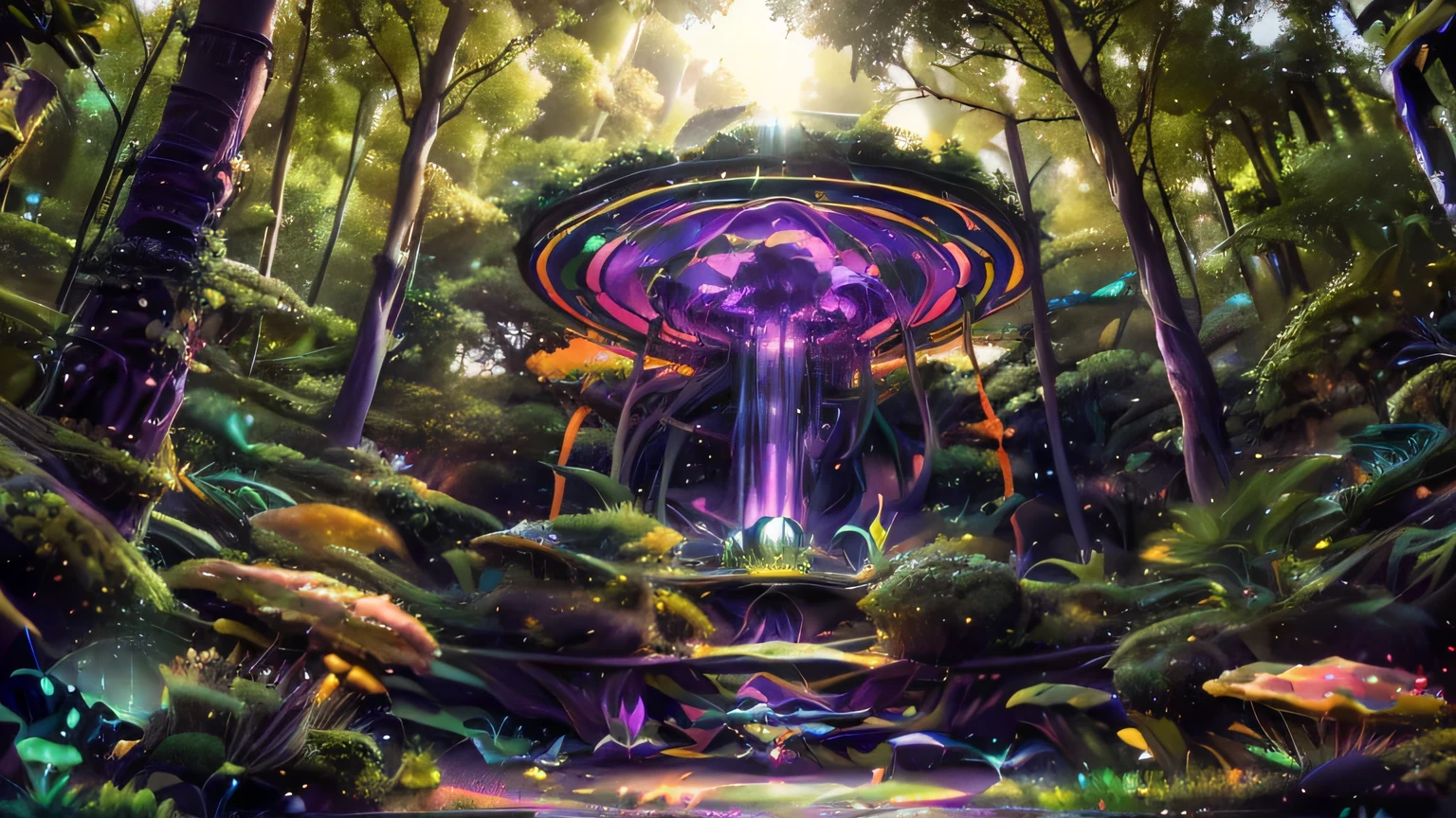 (Masterpiece), best quality, highest quality, highly detailed CG unity 8k wallpaper, original, high resolution, Create a futuristic music laboratory with high tech instruments in a forest. Super green forest. Huge Waterfall reflections of the orange sunset, with large jellyfish and mushrooms, colored neon green purple yellow red teal. Floor is lava. With inca statues made of Gold, Inca. Skys are purple, green, orange neon hues, fluorescent colors all around. Cyberpunk high definition. A forest filled with all color plant life, insects. 