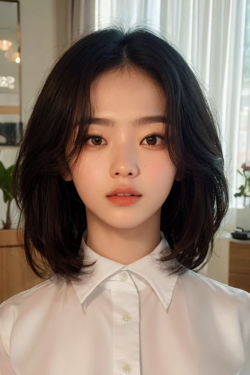 Best Quality, 8k, Masterpiece, (Portrait: 1.3), (photo realistic:1.4), (hyper realistic:1.4), Sharp Focus, looking at viewer, (smoother lighting:1.1), (increase cinematic lighting quality:0.9), realistic lighting, backlighting, light on face, ray trace, (brightening light:1.2), (Increase quality:1.4), sharp detail, (best quality real texture skin:1.4), finely detailed eyes, black_eyes, finely detailed face, 25 year old Korean woman, (white formal_shirt:1.4), (Create an image maintaining the original base model hairstyle:1.5)