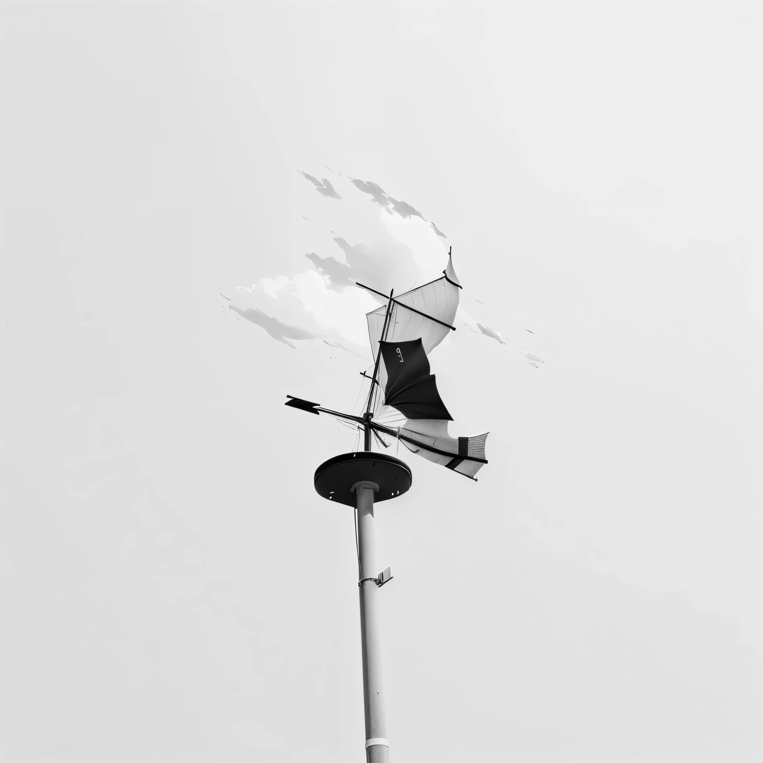 there is a Black and white photo of a wind vane, Grayscale photography, gale, Windy weather, windy mood, Shot on Sony a 7, Minimalist photos, Wind Blow, Low Angle Photo, Black and white photo.ISO200, Black and white photo, gale天, Low Angle Photograph, Shot with iPhone 1 0