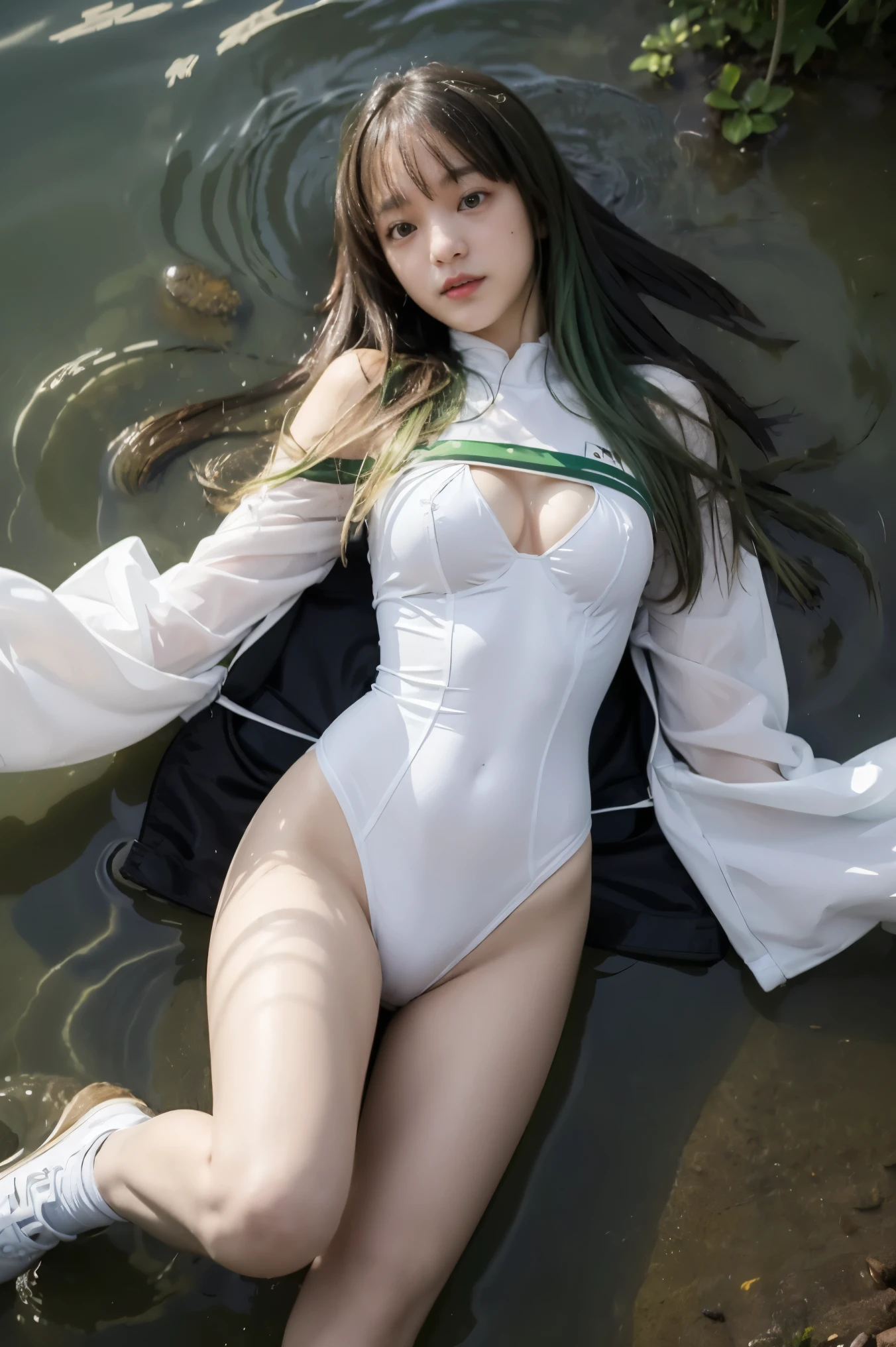 (masterpiece, best quality, detailed), 1girl, solo, looking at viewer, c.c., yellow eyes, green hair, long hair, bangs, medium breasts, straitjacket, white bodysuit, white shoes, water, partially submerged, from above, afloat, shallow water, parted lips, lying, on back, long sleeves, wide sleeves,