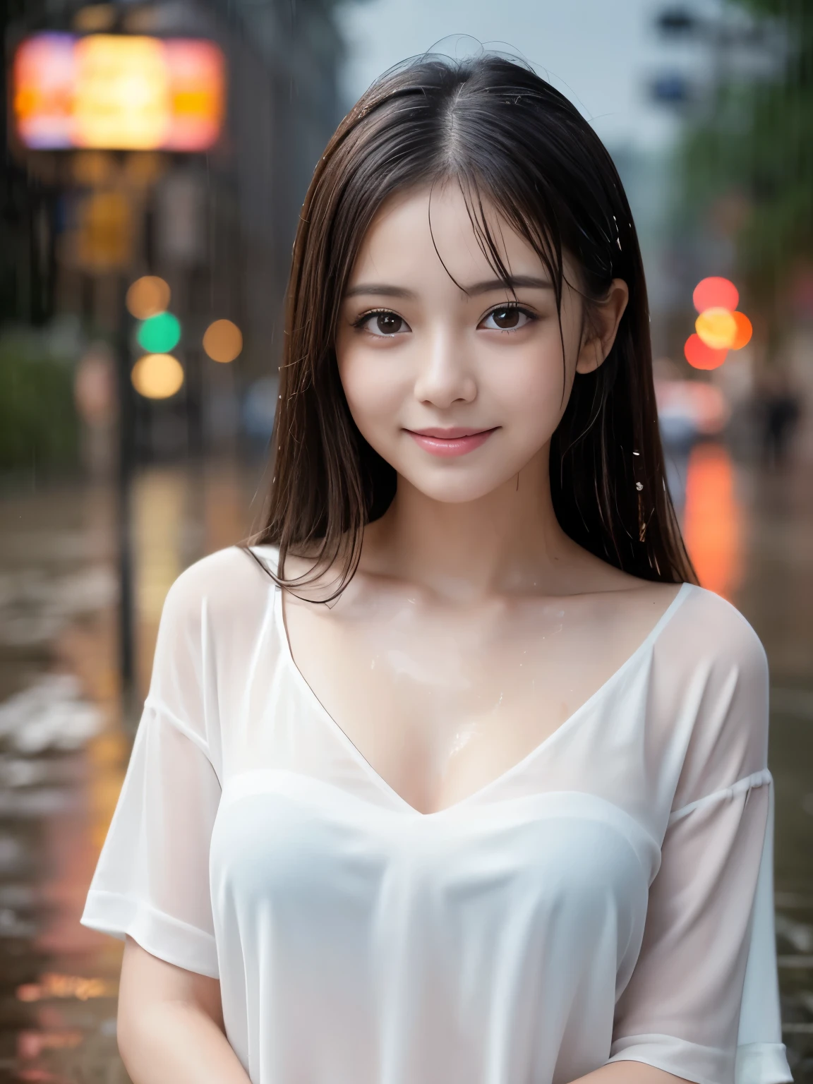 (Best-quality, Masterpiece, Ultra-High-Resolution, (Photorealistic:1.4), Raw Photo, depth of field, professional lighting, perfect anatomy, extremely details), 1girl, 15-years-old, the most famous Japanese idol, (((at street in heavy-rain, standing in heavy rain, wearing wet blouse from heavy-rain, extremely wet hair from heavy-rain))), (extremely cute wet-face from heavy-rain, (extremely cute and extremely big eyes), extremely beautiful realistic-skins), extremely cute long-eyelashes, extremely cute lips, looking at viewer, ((innocent smile))
