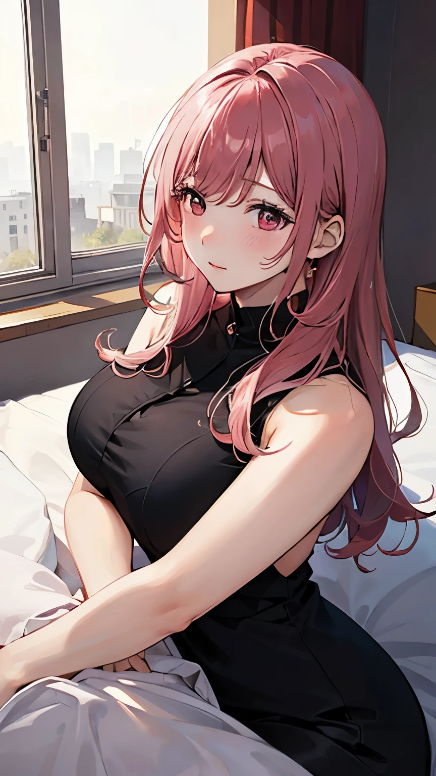 (masterpiece:1.2, Top quality),, Nice illustration, (Natural side light, light), 
Looking at the audience, 1 girl, Pink Hair，Burgundy clothes，Black dress，Big breasts，Fall asleep in bed