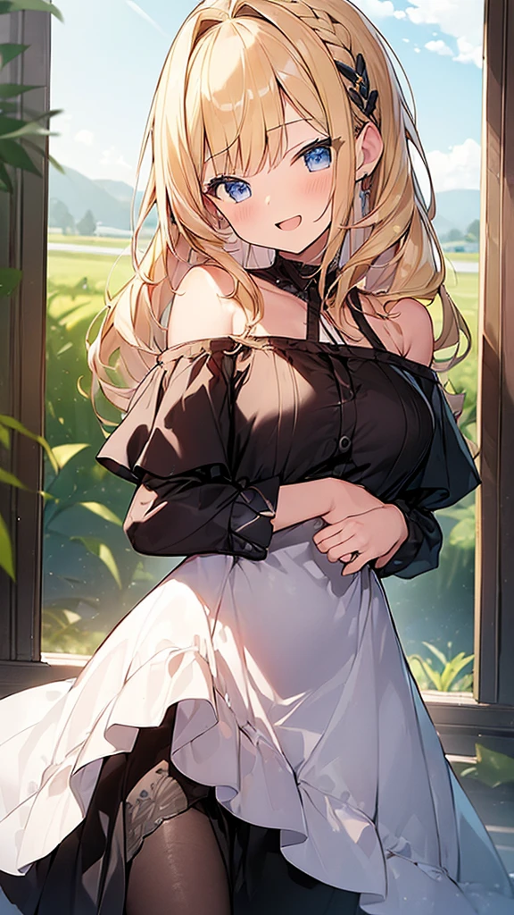 (Masterpiece, Top quality: 1.5), (dress:1.4),(off shoulder:1.3) , 1 beautiful girl, solo, blond hair, Braided hair, medium hair, wave hair, (junior high school student:1.2), medium breasts, standard weight, smile:1.2, blush:1.2, open mouth, dynamic pose, beautiful scene, magnificent panorama view