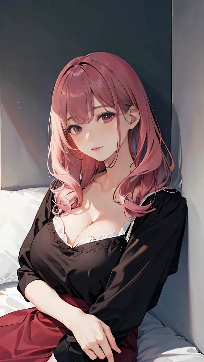 (masterpiece:1.2, Top quality),, Nice illustration, (Natural side light, light),
Looking at the audience, 1 girl, Pink Hair,Burgundy clothes,Black dress,Big breasts,Fall asleep in bed