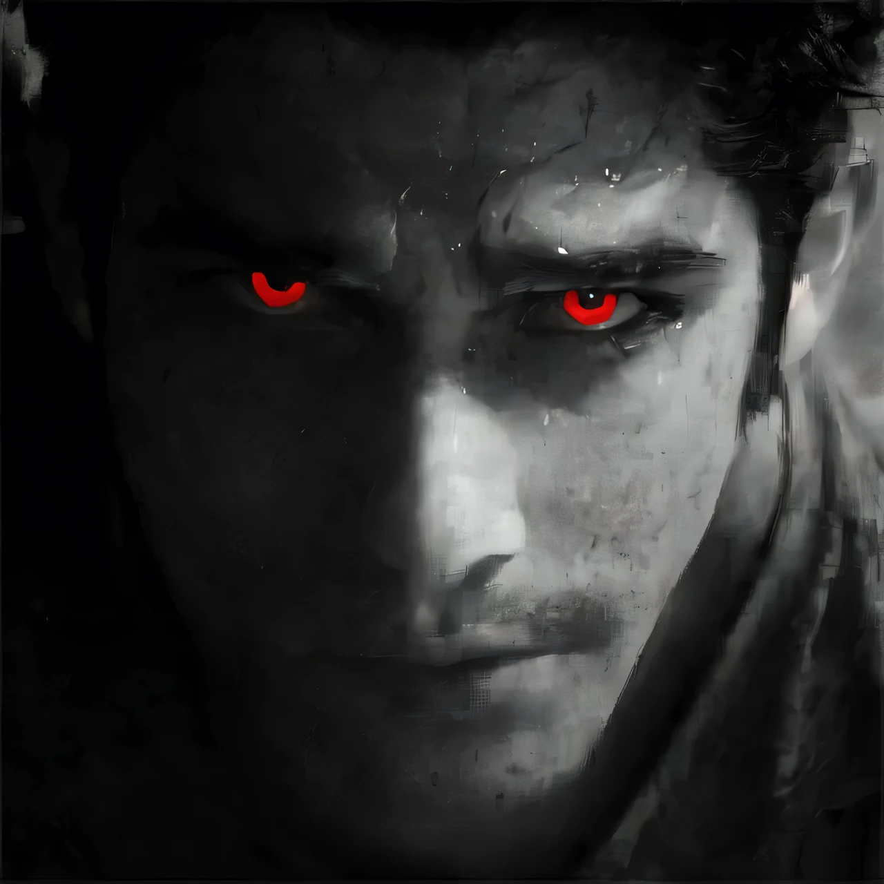 a man with black and white filter, red eyes, dramatic lighting, moody, cinematic, close-up portrait, hyper-realistic, 8k, high quality, photorealistic, cinematic lighting, striking expression, intense gaze, chiaroscuro, dramatic shadows, high contrast, dark moody atmosphere