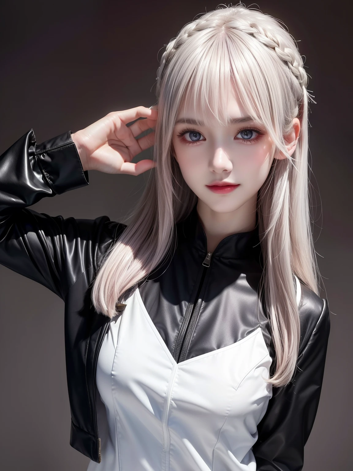 1girl,beautiful vintage color, instagram (photorealistic, high resolution:1.4), ((puffy eyes)), looking at viewer, , full body (8k, RAW photo, best quality, masterpiece:1.2), (realistic, photo-realistic:1.37),(sharp focus:1.2), professional lighting, photon mapping, radiosity, physically-based rendering, (pale skin:1.2),(small breasts:1.2), looking at viewer, (middle hair:1.5), portrait, purple eyes, (sliver hair:1.1),bangs, (simple background:1.4), solo, upper body, realistic,(masterpiece:1.4),(best quality:1.4),(shiny skin),fashi-girl,makeup,smile(skinny,closed mouth,shy :1.3) ,(standing,black Stewardess uniform,Necromancer:1.1),medium bust,sexy pose , upper body, 