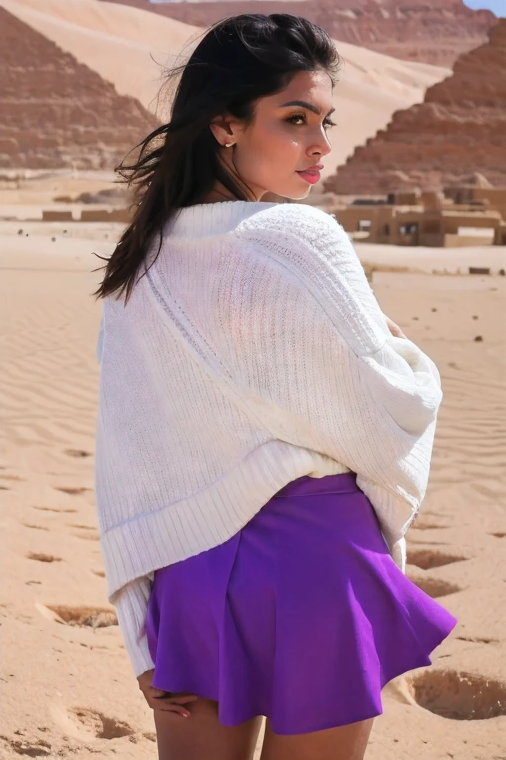 A woman in a white sweater and purple skirt, a pastel, wearing a desert poncho, trending photo, beauty, in egypt.