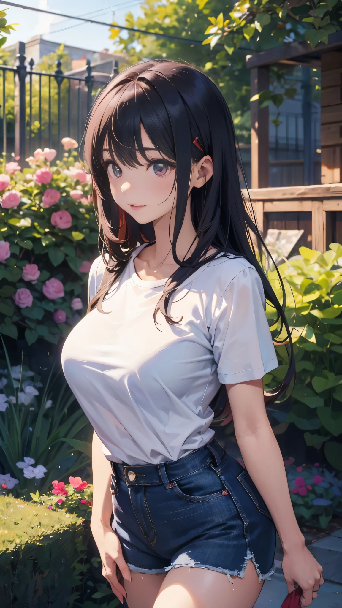 illustration：Ultra-delicate，In the Garden，Big breasts，25 years old，Burgundy T-shirt，Denim shorts，Black long hair，Cherry hairpins，Mature and stable，big sister