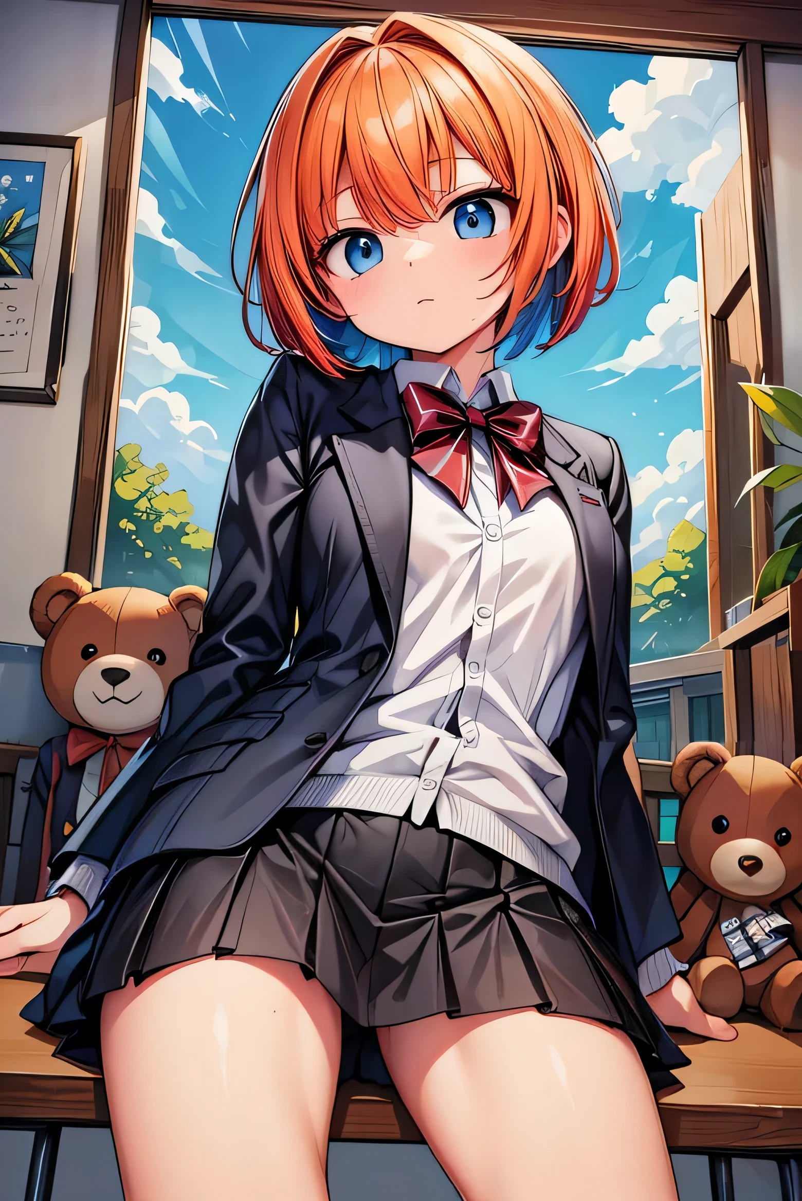 (best quality:1.5), (ultra-detailed:1.1), masterpiece, extreme detailed illustration, (Brilliant Colorful Paintings:1.3), nsfw, anime, teenager ,BREAK, short bob cut, orange hair ,BREAK, skirt, black blazer, , 's face, tareme, cool ,BREAK, classroom, sitting_on_chair, from below, (hand on bear_doll:1.3), looking away, looking at another, narrow one’s eyes,