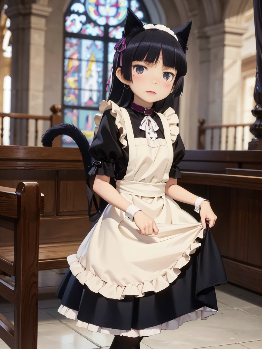 Ultra-high resolution, Attention to detail, (ruri gokou), blush, Long Hair, black hair, mole, mole under eye, 1 girl, Maid clothes, Cat ear, Black Tail, Anime Style, (apronスカート), Midi Skirt, (stockings), apron, Frills, ribbon, race, sense of cleanliness, cute, grace, service, (Demure), Cosplay, Black cat tail, collar, cuffs,Victorian, middle ages, city, church, satin, full body