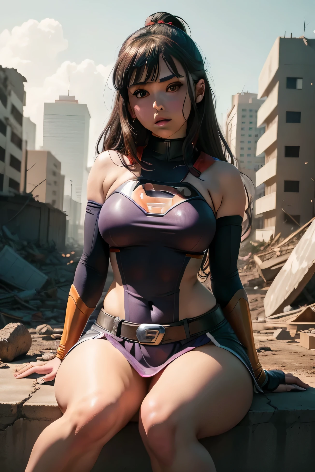 Hinata Hyuuga (naruto) x supergirl, Sozinho, corpo todo, Corpo sedutos, detalhado, realista, female, efeito do poder da raiva, perfect lighting, sombra perfeita, Hinata Hyuuga (naruto) x supergirl, In the middle of the destroyed city, sitting in the destroyed building.