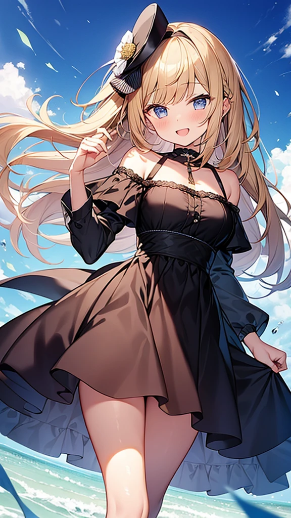 (Masterpiece, Top quality: 1.5), (dress:1.4),(off shoulder:1.3) ,walking, 1 beautiful girl, solo, blond hair, Braided hair, medium hair, wave hair, (junior high school student:1.2), medium breasts, standard weight, smile:1.2, blush:1.2, open mouth, dynamic pose, beautiful scene, magnificent panorama view