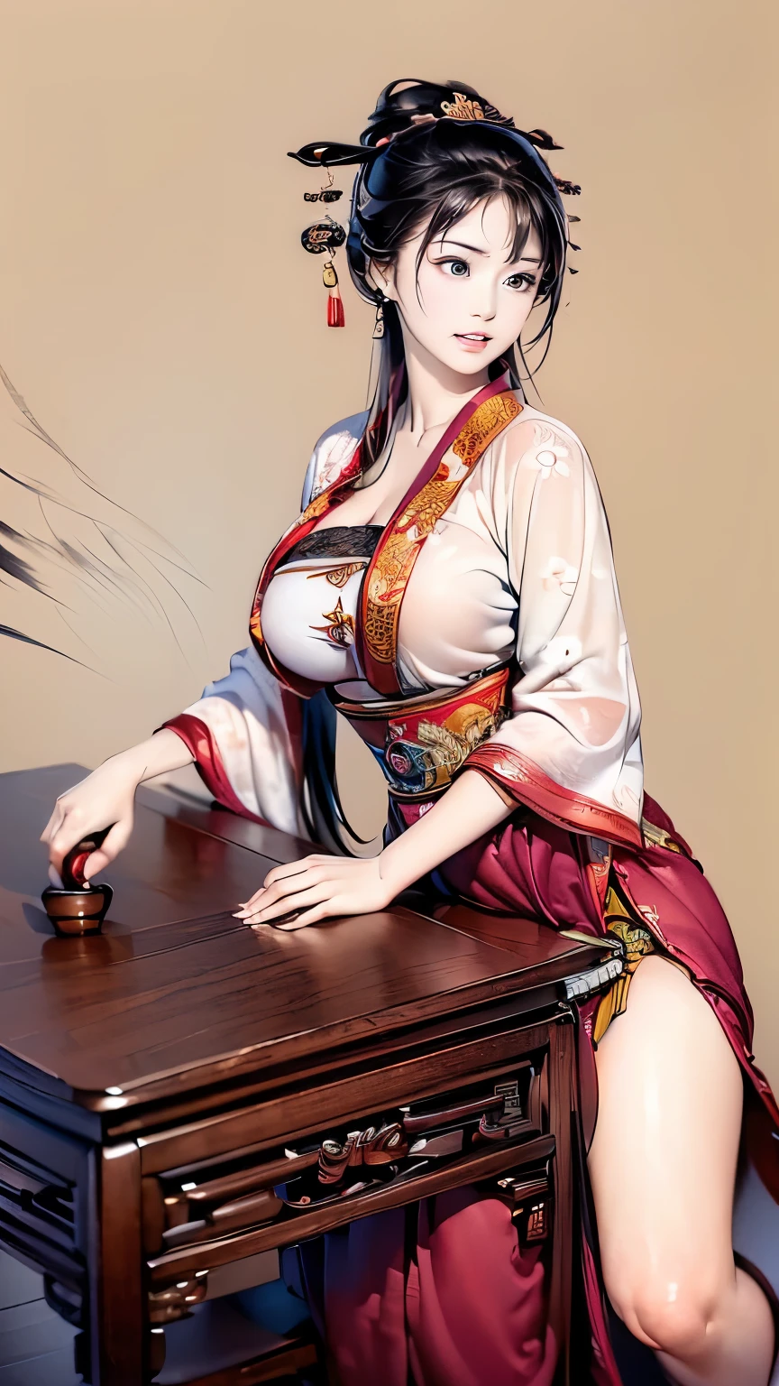 ((high-definition Chinese traditional ink image, hanfu)), eyes realistic sizing, drooping eyes, smiling, ((spread legs, standing and straddling to hit her crotch on a corner of the table for masturbation)), ((pubic hair, large areolas, orgasm, intense mating)), old fashion, open mouth, old temple,