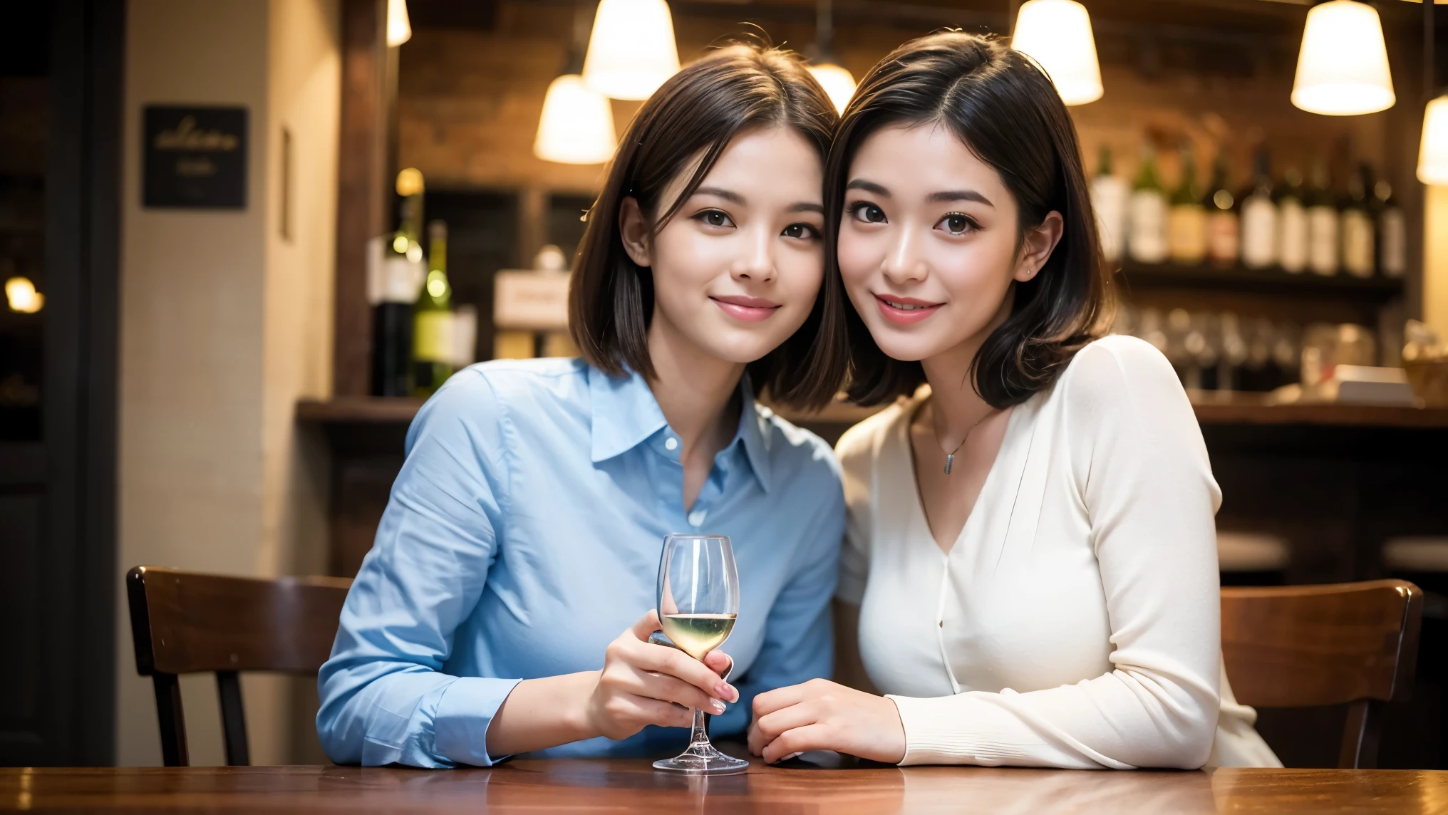 ((highest quality、8k、masterpiece:1.3))、1 male、1 female、Couple、Spouse、Couple、The body is slim、((Bob Hale、Straight hair:1.2)), (Realistic, Intricate details:1.2), テーブルの上のwine glass、Shine light on your face、 Amazing view of the sunset sky and clouds、Amazing mountain views、A bright smile、The wonderfulness of smile、Bright image、The beauty of wine, Beautiful Face, blue eyes, The light shines on your face, Blushing, short hair,Bright Face、 (Age 37), 39 years old, red wine 、Appetizers、Italian food、Wine bottle、Champagne、sparkling wine、Two beauties、Brown Hair、Shortcuts、Long sleeve shirt、dress、Pretty Woman 1, (slimな顔), (The body is slim), (Brown Hair), (Shortcuts), cheeks turn a little red,Attractive beauty、restaurant, In a prominent place (From the waist up) Nova Frog Style, actress, model, Upper Body, White wine, slim, wine glass, 中央に置かれたwine glass, smile, (smile: 1.15), Beautiful fine grain, Depth f/2,saturation, High Contrast, Strong light and shadow,Moist Body:1.5、3D texture、Delicate eyes、Brown Hair、The hair is very shiny、