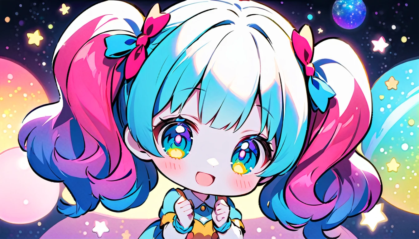 (couple),couple\(chibi,small ???,cute,kawaii,age of 10,2pigtails hair,curly hair,hair color cosmic,big eyes,eye color cosmic,white skin,cute dress,smile,cute pose\) AND couple\(chibi,small ???,cute,kawaii,age of 10,2pigtails hair,curly hair,hair color cosmic,big eyes,eye color cosmic,white skin,cute dress,smile,cute pose\), BREAK ,background\(cute,cosmic,milkyway,galaxy\), BREAK ,quality\(8k,wallpaper of extremely detailed CG unit, masterpiece,hight resolution,top-quality,top-quality real texture skin,hyper realisitic,increase the resolution,RAW photos,best qualtiy,highly detailed,the wallpaper,cinematic lighting,ray trace,golden ratio\),