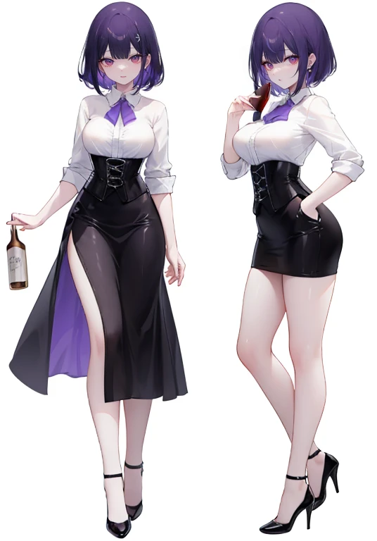 Purple hair,short hair,Adult female,(Bartender),((Rolling up your sleeves shirt)),Open chest,(Corset),(Tight skirt),(high heels),((Simple White background)),Smile,((Full body)),((whole body)),Character Sheet,
