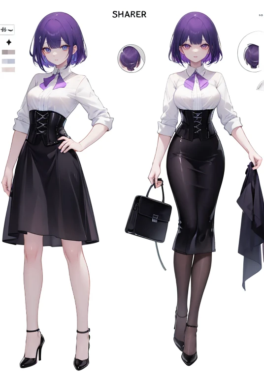 Purple hair,short hair,Adult female,(Bartender),((Rolling up your sleeves shirt)),Open chest,(Corset),(Tight skirt),(high heels),((Simple White background)),Smile,((Full body)),((whole body)),Character Sheet,