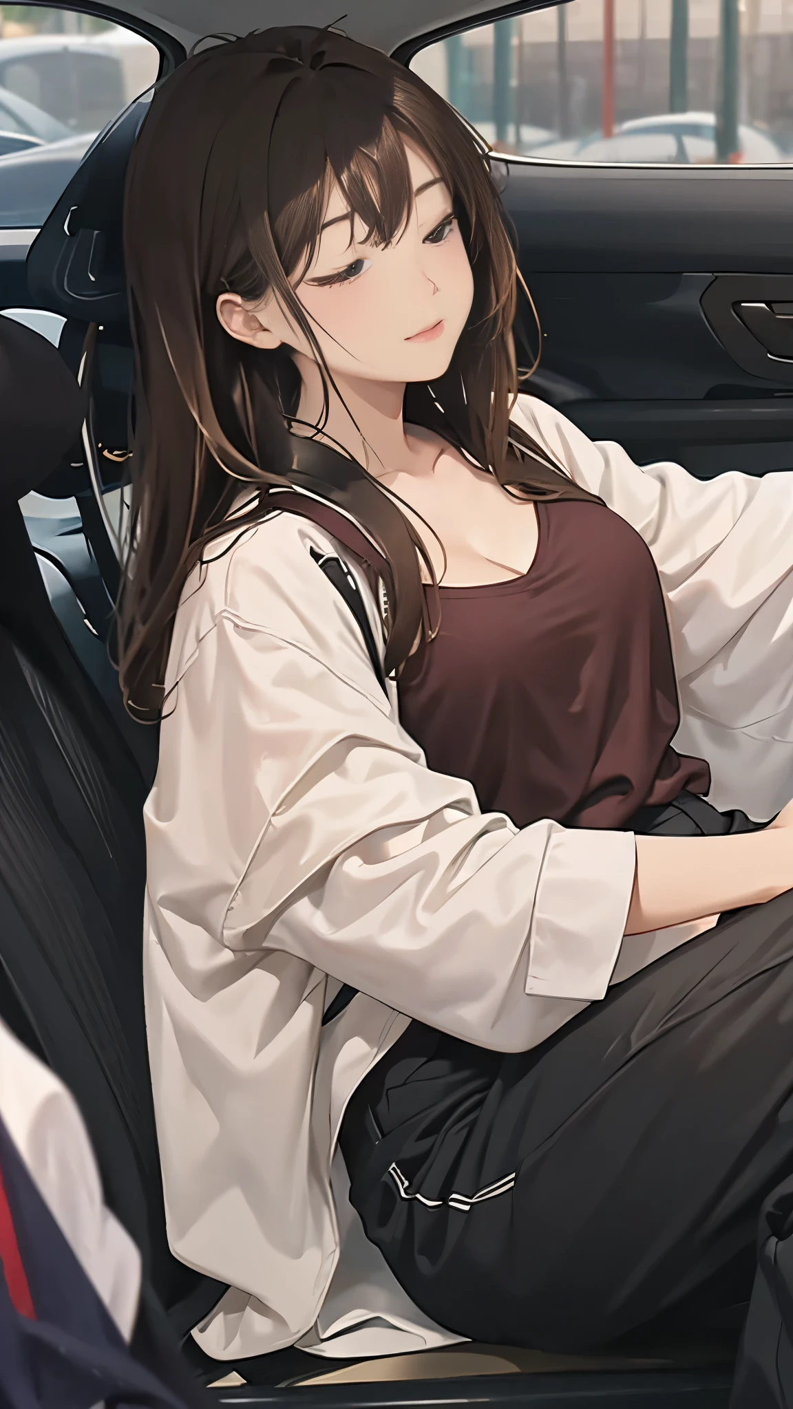 (masterpiece:1.2, Top quality),, Nice illustration, (Natural side light, light),
Looking at the audience, 1 girl, Brown hair,Cleavage,Low-cut,Burgundy T-shirt,Black casual pants,Sleeping in bed