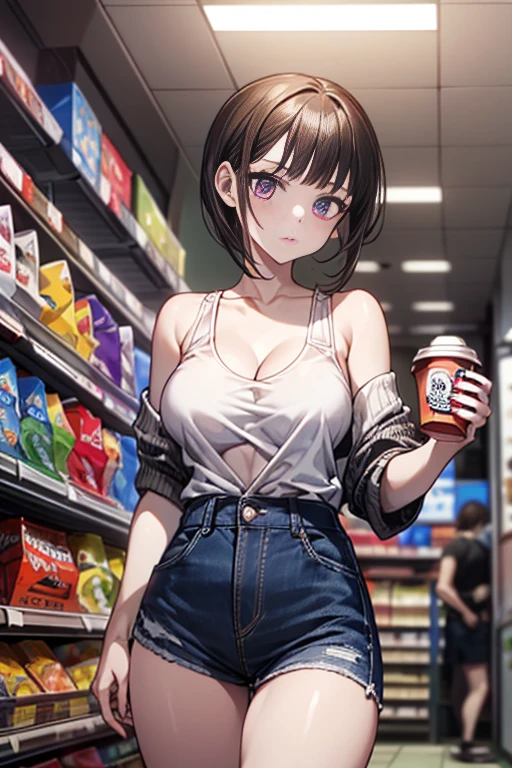 (masterpiece, Best Quality, ultra-detailed, high resolution, extremely detailed CG, official art, Professional Lighting, Perfect Anatomy, anime colors), (from below), looking at viewer, cowboy shot, perfect body, 24yo beautiful 1girl, medium hips, glamorous body,a small face,beautiful-makeup,Makeup light,Shortcut Hair,dark brown hair、Bust b Cup, Amazing Cleavage, thin waist, big ass, Raised sexy, big breast: 1.2 posed cleavage:1.2, (off shoulders,Sportsbra,legginullnude), micro denim shorts, bare legs, nail_polish, pale skin, Waiting friend, (morning:1.5), tokyo, (convenience store:1.3), outdoor, (depth of field:1.3), contrapposto, (Hold a coffee in your hand:1.3),delicate beautiful face, Bright magenta eyes, cute eyes, sparkling eyes, Big eyes, (big breasts:1.3), (perky chest:1.1), (pointed chest:1.3), looking at viewer,