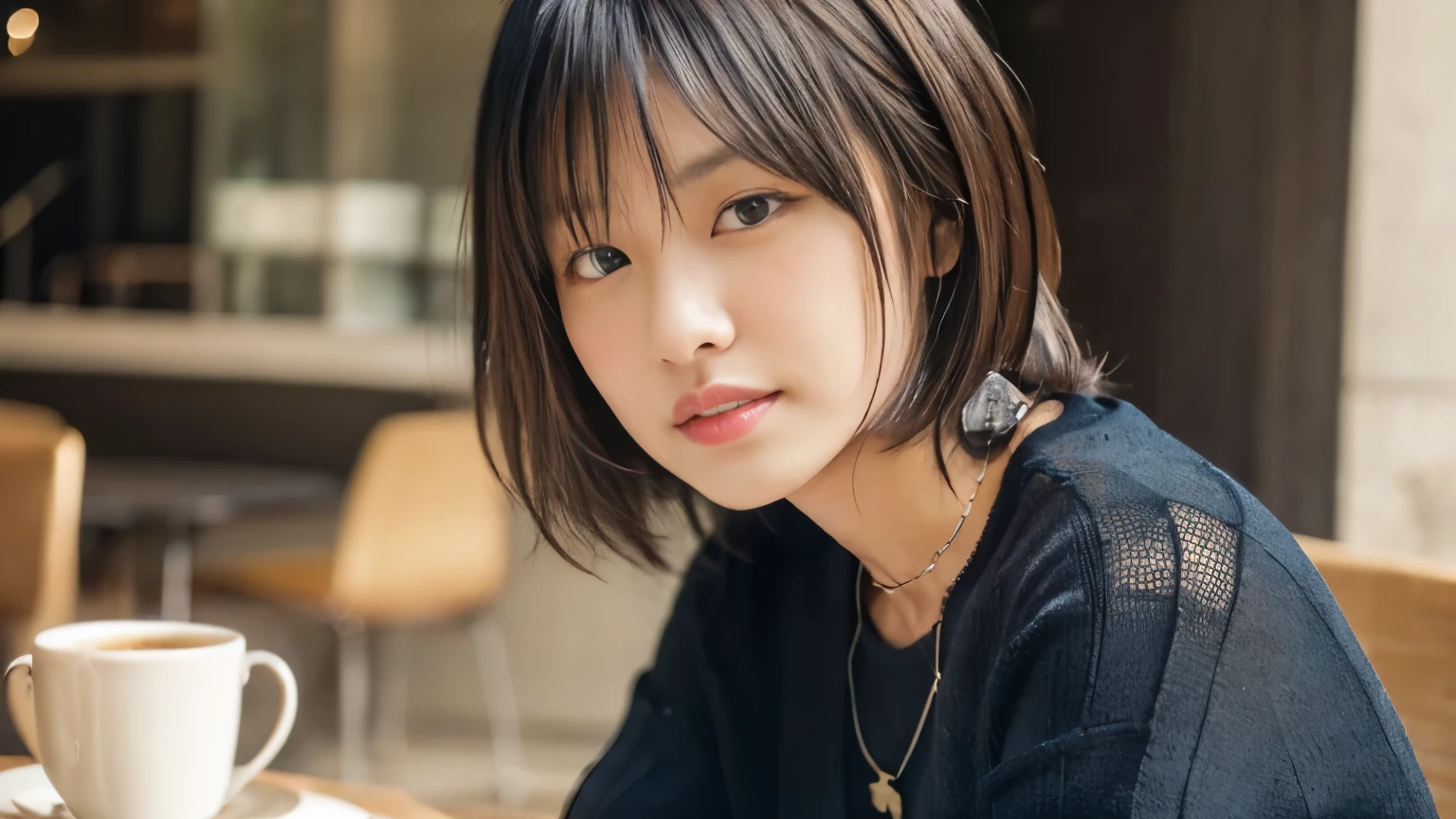 (Tabletop,higheSt quality)), (realiStic:1.4),(((Tabletop,8k)),Stylish café,(StyliSh interior),((Full body photo))),Photographed in natural light,Highly detailed face and Skin texture,highly detailed lipS,correct State of the human body,ultra high reSolution,(Photorealistic:1.4),higheSt quality, 1. Beautiful Women, 38 yearS old, S, 60mm lenS, light beige knit,(Medium Hair),japaneSe woman,(Black Hair),variouS poSeS,looking at the camera,Natural lip color, necklace