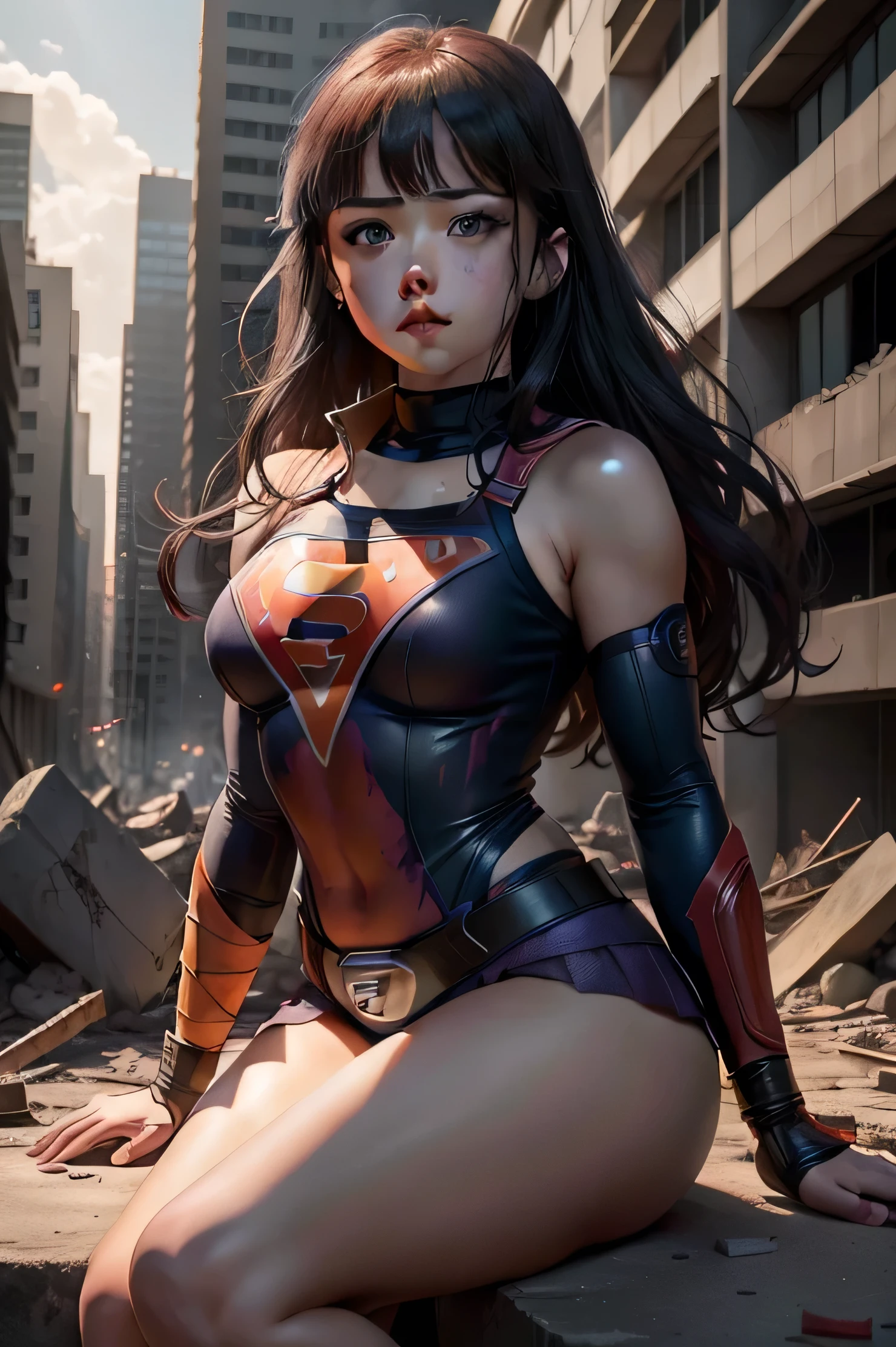 Hinata Hyuuga (naruto) x supergirl, Sozinho, corpo todo, Corpo sedutos, detalhado, realista, female, efeito do poder da raiva, perfect lighting, sombra perfeita, Hinata Hyuuga (naruto) x supergirl, In the middle of the destroyed city, sitting in the destroyed building.