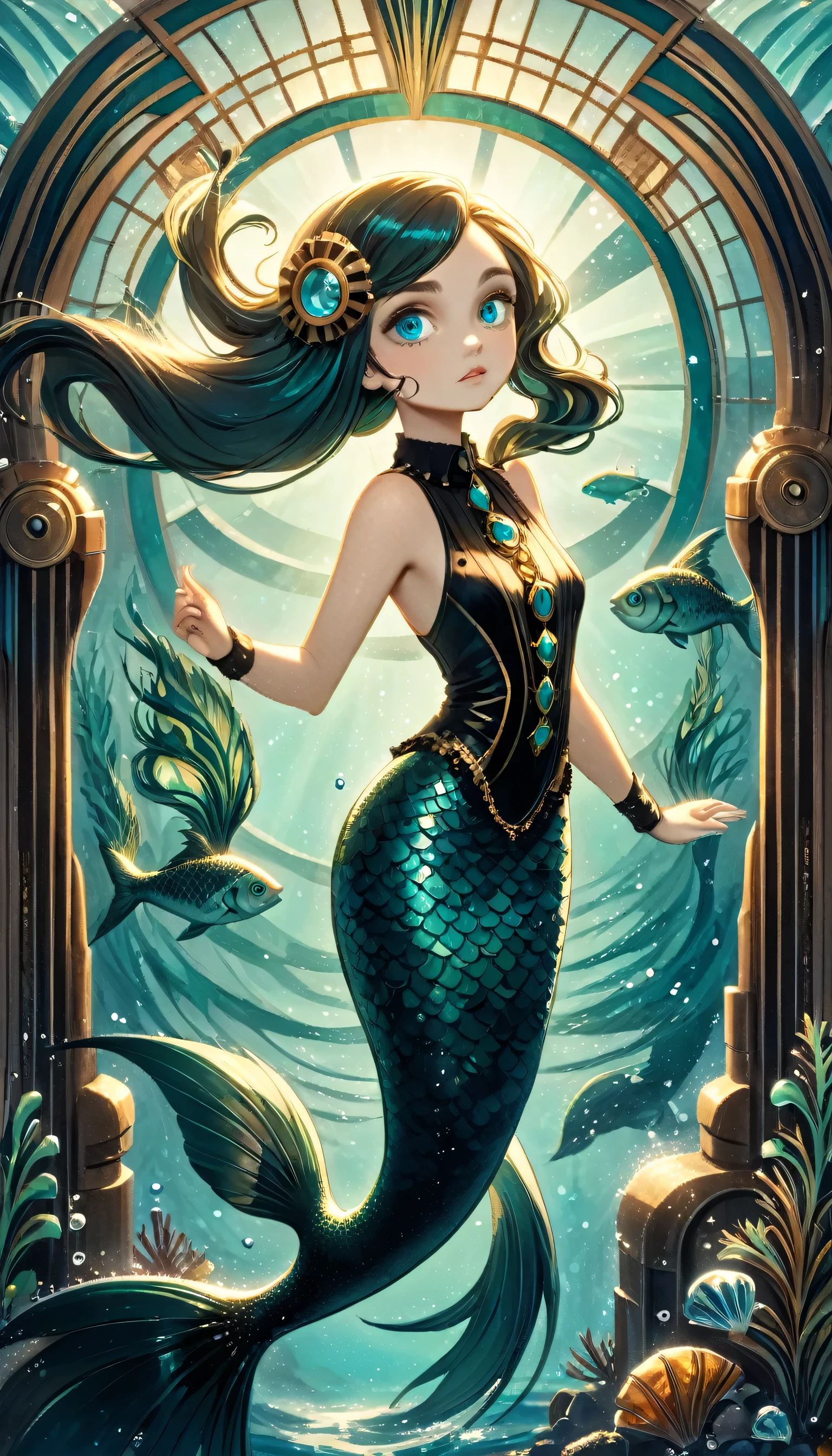 high details, best quality, 16k, ultra detailed, masterpiece, best quality, ((art deco style: 1.5)), full body, ultra wide shot, RAW, photorealistic, fantasy art, dnd art, rpg art, realistic art, an ultra wide picture of a mermaid  in steampunk times, under the sea (intricate details, Masterpiece, best quality: 1.4) , female mermaid, (blue: 1.3) skin, (green: 1,3) hair, long hair, swirling hair, intense eyes, small pointed ears, ((blue eyes)), ((glowing eyes)), wearing (black:1.3) ((maid outfit)), beautiful mermaid, you can see rich underwater life, fish, riff, dynamic fantasy blue beach background ((magical atmosphere)), high details, best quality, highres, ultra wide angle, ggmine, 