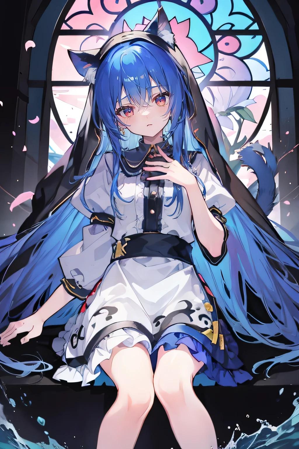 (masterpiece:1.2),Extremely detailed,Practical,expressive eyes,Fair skin,Perfect face shaping,1 Girl,
Japanese cartoons,Gorgeous blue hair, the long flowing blue hair,Floating clothes,Cat ears,Petals fall,beautiful lola,Young Angel,
Place your hands on your waist,sit elegantly on the ground,Cross your legs,Gentle and peaceful background,stately church,nun,lie on the water,Blackening,A look of disdain.