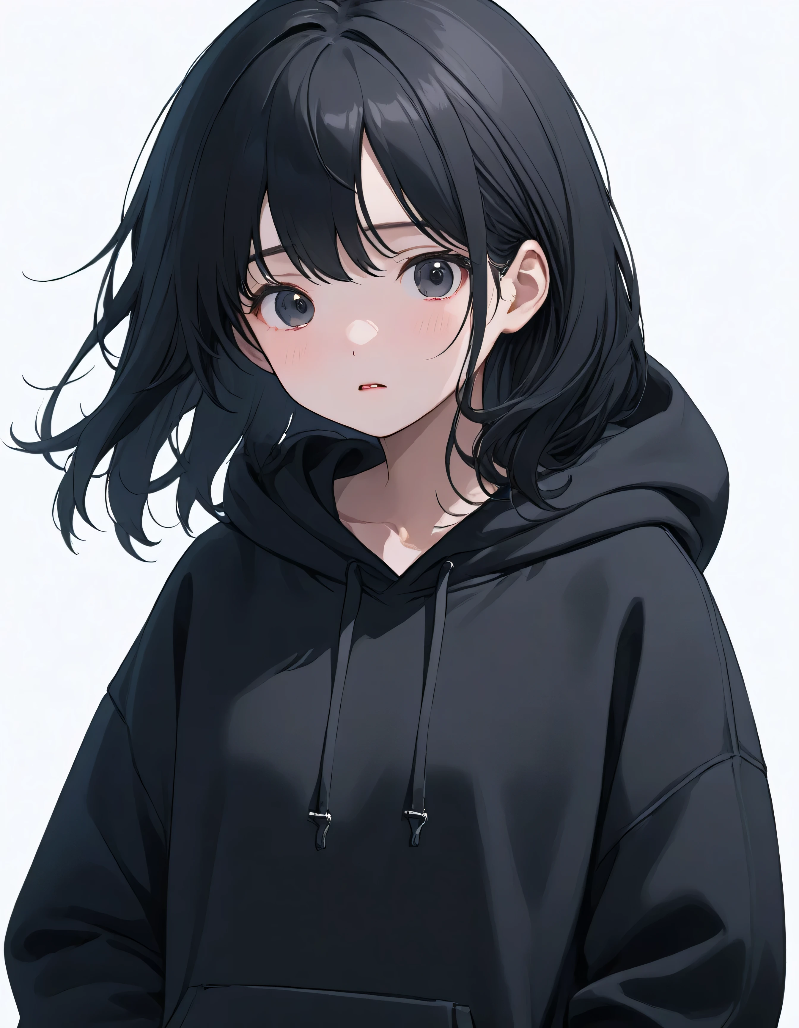 masterpiece、high quality,One girl,alone,Simple Background,Black Hair,,Confused eyes,Black hoodie