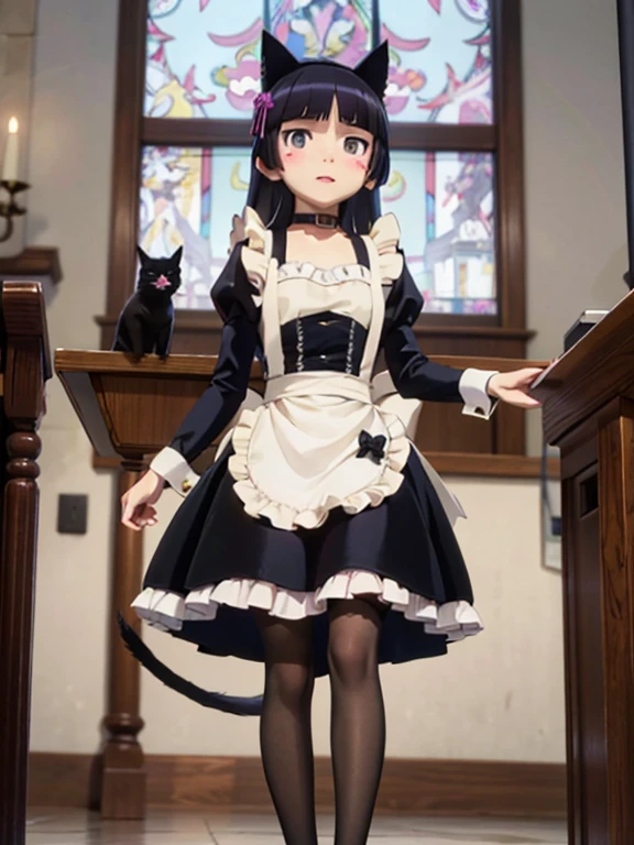 Ultra-high resolution, Attention to detail, (ruri gokou), blush, Long Hair, black hair, mole, mole under eye, 1 girl, Maid clothes, Cat ear, Black Tail, Anime Style, (apronスカート), Midi Skirt, (stockings), apron, Frills, ribbon, race, sense of cleanliness, cute, grace, service, (Demure), Cosplay, Black cat tail, collar, cuffs,Victorian, middle ages, city, church, satin, full body