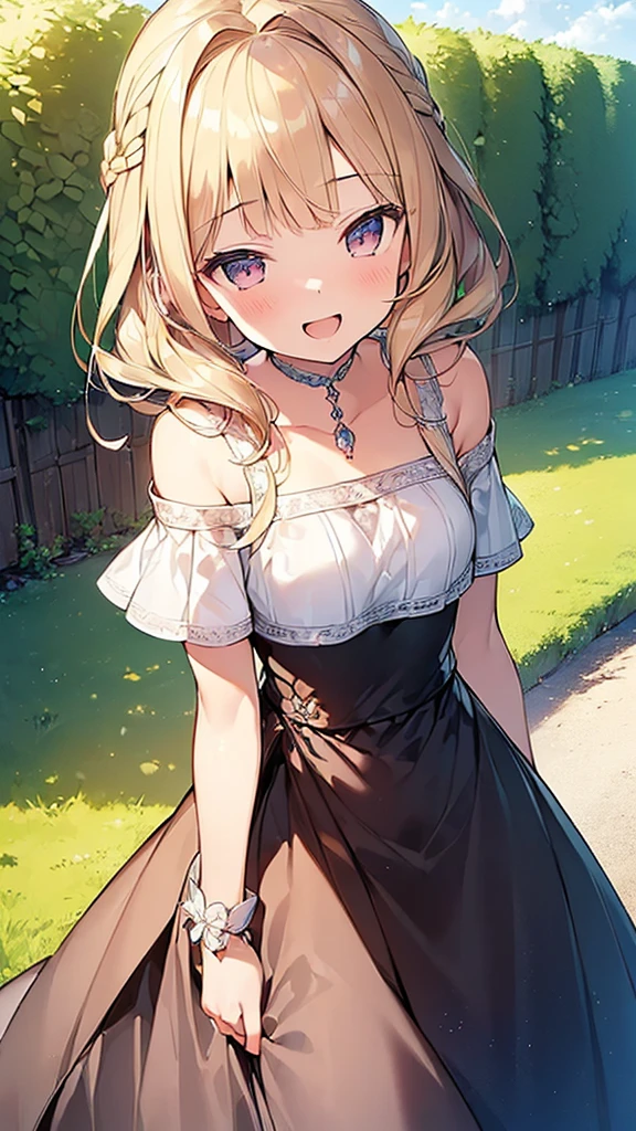 (Masterpiece, Top quality: 1.5), (beautiful dress:1.4),(off shoulder:1.3) ,walking, 1 beautiful girl, solo, blond hair, Braided hair, medium hair, wave hair, (junior high school student:1.2), medium breasts, standard weight, smile:1.2, blush:1.2, open mouth, dynamic pose, beautiful scene, magnificent panorama view