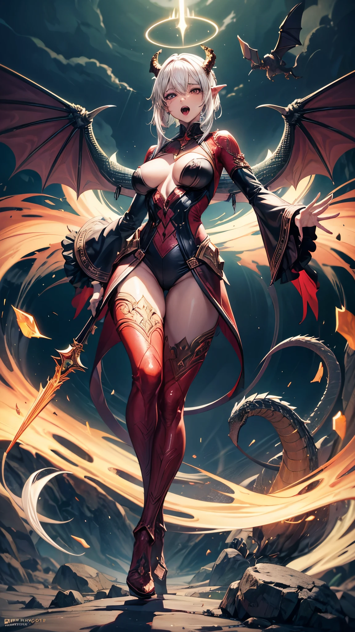 Reptiles, Phantom, Divine, Quadruped, Dragon, vastness, beautiful feces, glowing scales, circle of angels overhead, standing on ground, big wings, threat, red dirt, enough, volcano, open mouth, fang, saliva, tongue out, fang, long tongue, fang, motion blur, chromatic aberration, bloom, first person view, muffled, retina, table top, accurate, flawless skin, ultra-detailed, detailed, high quality, award-winning, top quality, high resolution, anatomically correct