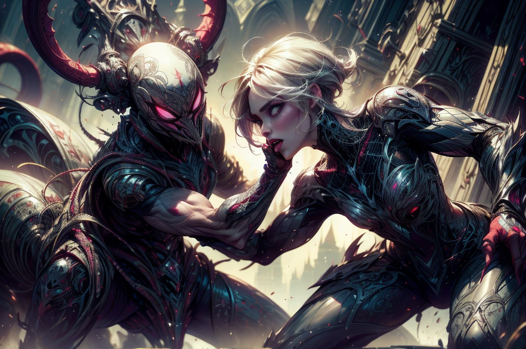 dark fantasy, dramatic lighting, full body shot, wide angle,dynamic angle, deep shadows, a female vampire and her thrall, extremely detailed skin, perfect blond wavy hair, (A female vampire and her thrall, she is using her paranormal powers to shift blood in the atmosphere, making the blood translocate around the environment), (the female vampire is trying to reach her thrall's neck with her hand, absorbing the thrall's blood from afar), hemokinesis, (there are lots of blood strings floating around the environment), she is wearing a very intricate biological exoskeleton, (the female vampire's lower body is vanishing, becoming black mist), the scene unfolds in a dungeon dimly illuminated by a red glow, red energy lines, pale blue and olive hues, mystical energy, moody atmosphere, cinematic composition, Yoshitaka Amano style