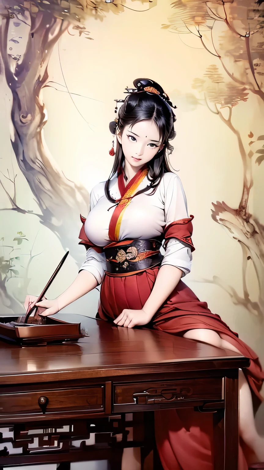 ((high-definition Chinese traditional ink image, hanfu)), eyes realistic sizing, drooping eyes, smiling, ((spread legs, standing and straddling to hit her crotch on a corner of the table for masturbation)), ((pubic hair, large areolas, orgasm face, intense mating)), old fashion, open mouth, 