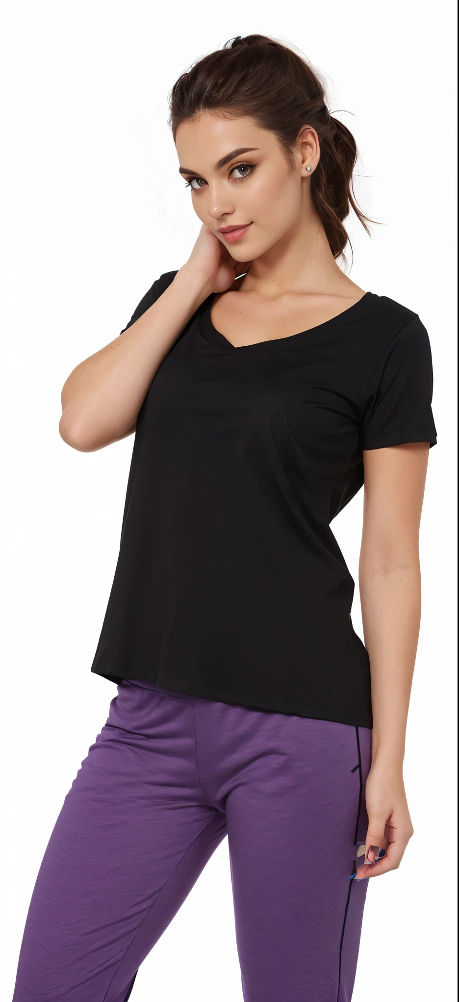 a woman in a preto top and purple pants posing for a picture, wearing a preto t-shirt, preto t shirt, wearing preto tshirt, preto t-shirt, preto camiseta, wearing a preto tshirt, preto shirt, camiseta, wearing a preto shirt, Manga curta, preto top, preto, wearing a preto!! camiseta, camiseta
