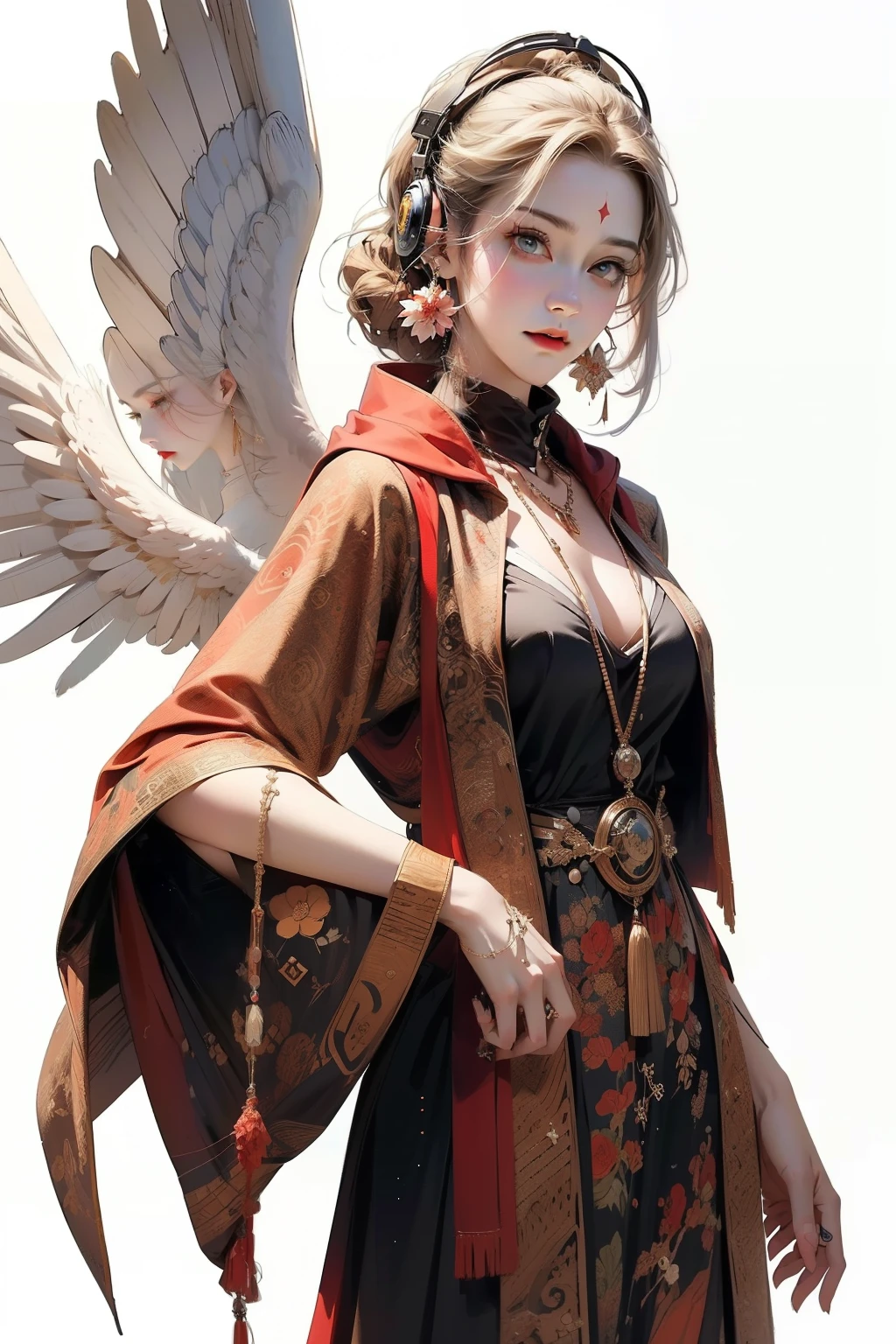 ((best quality)), ((masterpiece)), (detailed), perfect face(Golden ratio:1.2),(Fault color:1.3),[(White background:1.4)::10], (full bodyesbian:1.2),(Ultra-detailed:1.3),(tarot:1.6),(magister (tarot):1.6), (Paper:1.2)（Red and white color background） (colorful ink paper flower grow on the face:1.2), s girl，White hair，Red glowing eyes, sportrait, photorealestic,（（（Red and white trench coat））），（Red scarf)，a black pleated skirt，black t-shirts，longer sleeves，（（With a hood））Red and white headphones，((Multiple pairs of angel wings))，side-lighting, the wallpaper, NSFW, Depicting female characters from ethereal anime in a high-quality anime art style，，，8K，Red and white shoes with a sense of technology，Technology-enabled headsets (chaotic geometric images:1.3),(nagative space:0.8),(Drawing board:1.3), (ether colorful ink flowing:1.3)