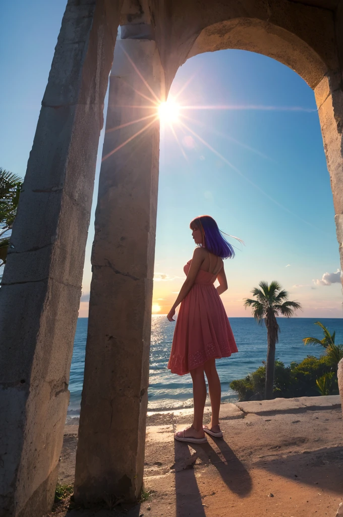 Imagem realista da vista de costa de um lindo homem vestindo roupas sport fino no penhasco diante do nascer do sol, olhando para o nascer do sol, Empoderador, Inspirador, Atmospheric Soft and warm light, destacando o horizonte, Perspectiva de costa, enfocando sua costa, Cores do amanhecer, como rosa, laranja, azul e violeta, vencedor e inspirador