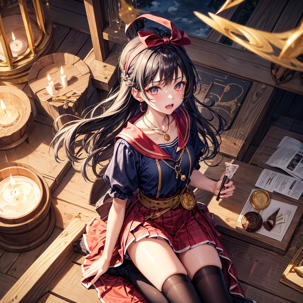 Dark Blue Hair、Golden Eyes、Braid、One good looking girl、solo、anime、Checkered mini skirt、Ruffles on the skirt、Red T-shirt、Cape、Gothic、Black knee-high socks、bandana、Wearing a ribbon、Ribbon on waist、Tilting face、Teeth are visible、Sunset sky、Piercing the clouds、Contrail、lotus leaves、Cumulonimbus、Pillar of Light、Magic wand、Sitting on a golden treasure chest、I'm pounding、candle fire、Eating chocolate、Silver coin necklace、From above
