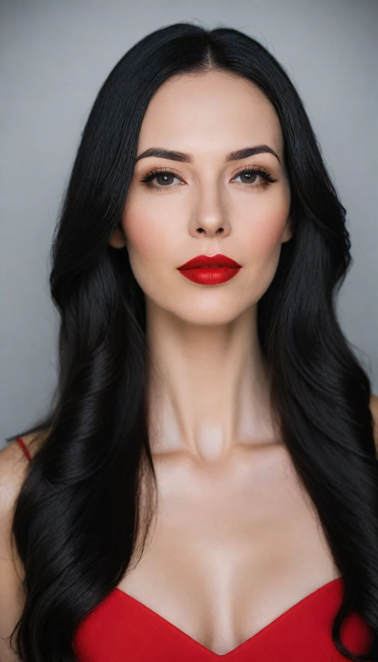 arafed woman with long hair and Red lipstick posing for a picture, Catherine, profile picture, Red lips, professional photography, 30 year old woman, woman 30 years old, Angiwulf, photo by Jessica Devich, professional avatar, moleksandra shchaslyva, with straight black hair