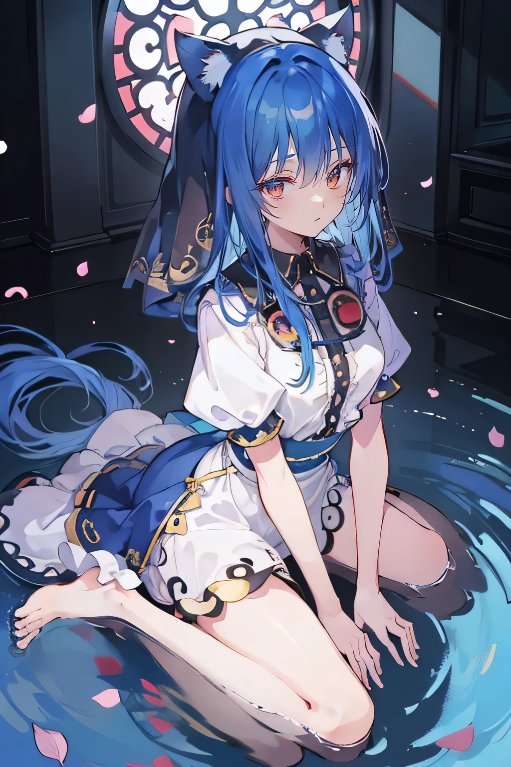 (masterpiece:1.2),Extremely detailed,Practical,expressive eyes,Fair skin,Perfect face shaping,1 Girl,
Japanese cartoons,Gorgeous blue hair, the long flowing blue hair,Floating clothes,Cat ears,Petals fall,beautiful lola,Young Angel,
Place your hands on your waist,sit elegantly on the ground,Cross your legs,Gentle and peaceful background,stately church,nun,lie on the water,Blackening,A look of disdain.