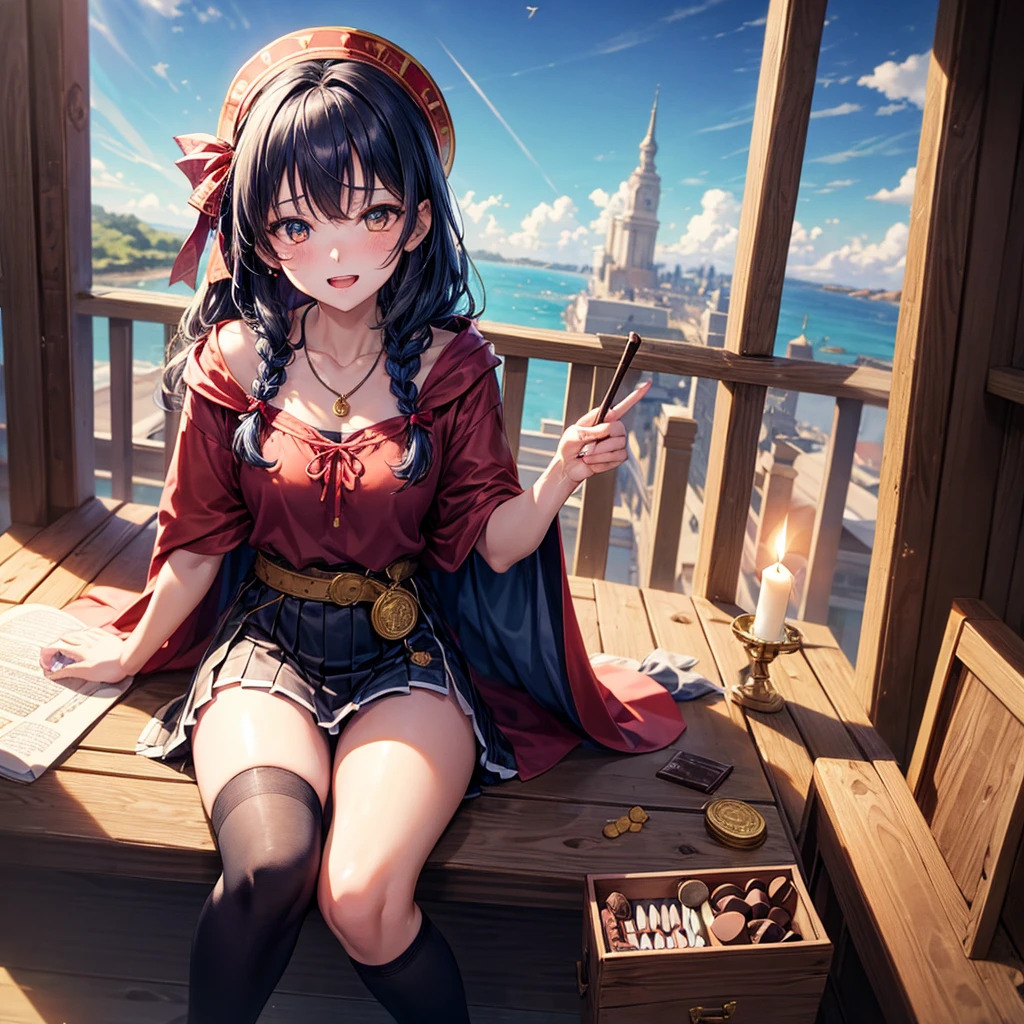 Dark Blue Hair、Golden Eyes、Braid、One good looking girl、solo、anime、Checkered mini skirt、Ruffles on the skirt、Red T-shirt、Cape、Gothic、Black knee-high socks、bandana、Wearing a ribbon、Ribbon on waist、Tilting face、Teeth are visible、Sunset sky、Piercing the clouds、Contrail、lotus leaves、Cumulonimbus、Pillar of Light、Magic wand、Sitting on a golden treasure chest、I'm pounding、candle fire、Eating chocolate、Silver coin necklace、From above