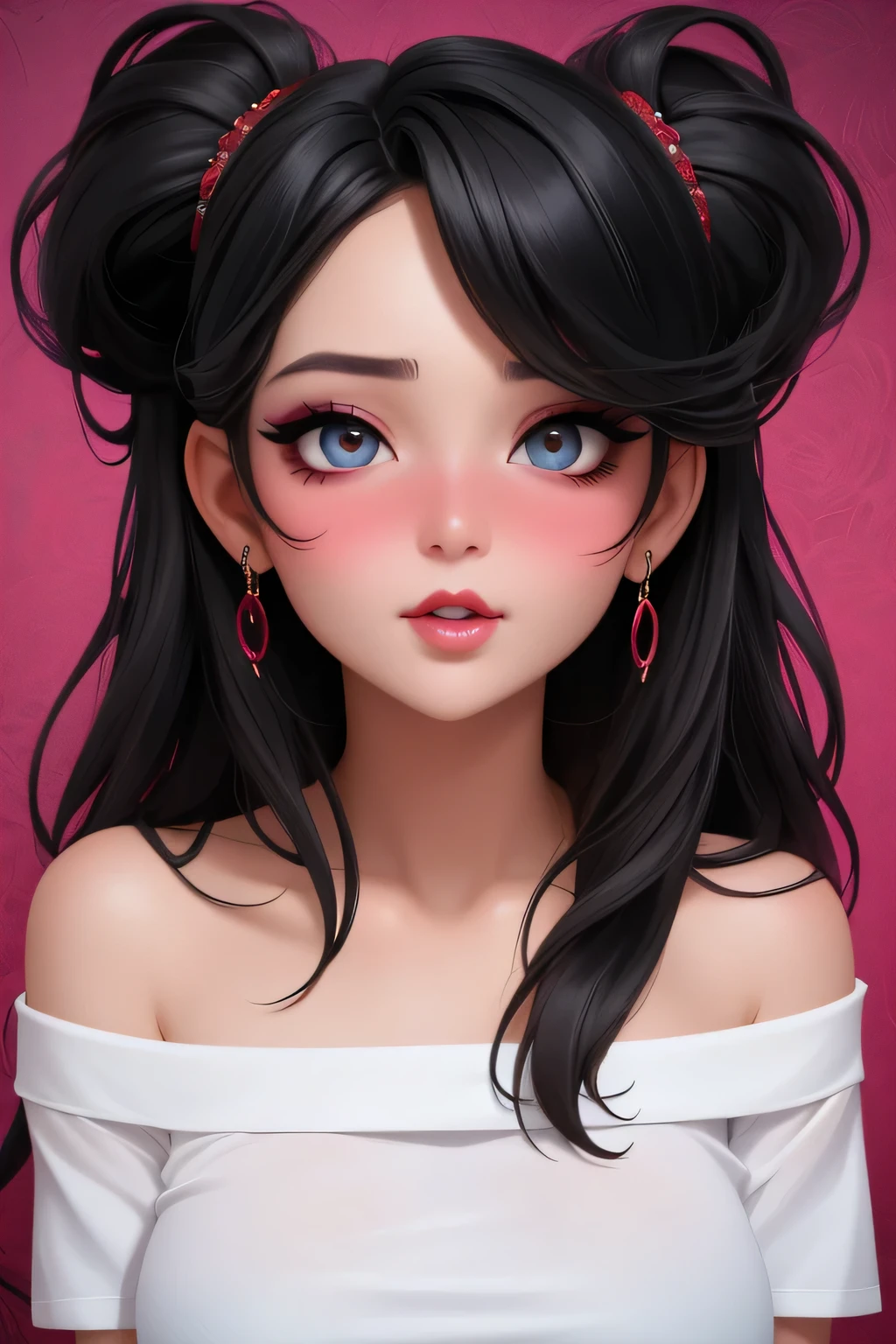 Amazing portrait of a sexy woman with a beautiful face emphasised by amazing makeup and black hair and seductive eyes in an intense gaze with her mouth parted and a deep blush on her face as she's flustered wearing an off shoulder t shirt